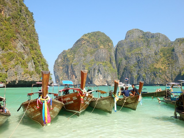Landscape Boats Rocks Ile Koh Phi Phi Sea